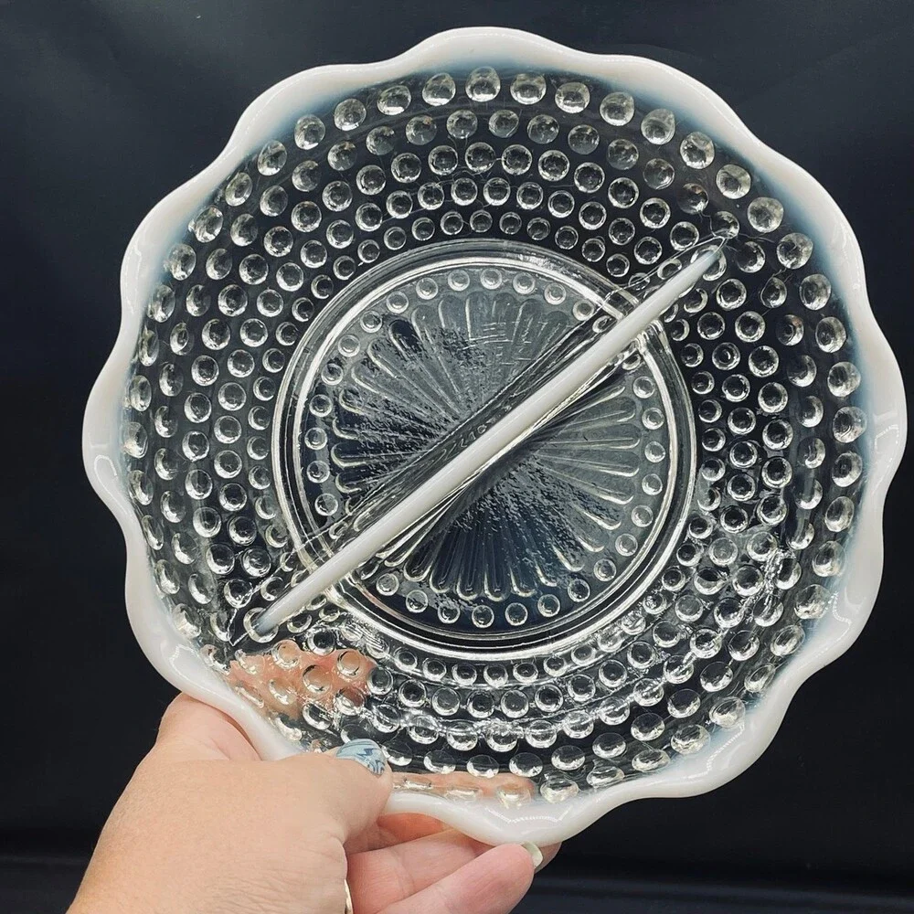 Vintage 2 Section Hobnail Opalescent Moonstone Ruffle Dish Fenton Anchor Hocking
